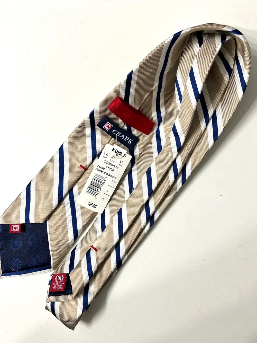 Chaps tan/navy striped tie — NEW WITH TAGS